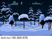 Forest in evening illustration of wood. Different trees and spruces covered with snow in cartoon style flat design snow piles. Thin moon and clouds on dark blue sky. Winter coldness frost vector. Forest. Evening. Different Trees Covered with Snow. Стоковая иллюстрация, агентство Ingram Publishing / Фотобанк Лори