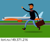 Young man with brown suitcase running to passenger plane. Male person isolated in black jacket and jeans is late for airplane and tries to gain it on. Vector illustration of lateness in cartoon style. Man with Suitcase Running to Passenger Plane. Стоковая иллюстрация, агентство Ingram Publishing / Фотобанк Лори