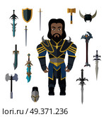 Fantasy knight character with cold weapons vector. Flat design. King personage in fairy bright armor and collection of armor, swords, axes, shields. hummer. Illustration for games industry concepts.. Fantasy Knight Character with Weapons Vector. Стоковая иллюстрация, агентство Ingram Publishing / Фотобанк Лори