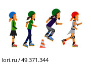 Roller skaters vector. Female characters in helmet, elbow, knee protection riding on roller skates. Sports equipment flat illustration. Summer fun and entertainments. For sport concepts, web design. Roller Skater Girls Vector in Flat Design. Стоковая иллюстрация, агентство Ingram Publishing / Фотобанк Лори