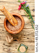Flax seed,oil and flax flowers in mortar.Linseeds. Heap of linseeds. Стоковое фото, агентство Ingram Publishing / Фотобанк Лори