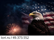 A bald eagle, national symbol of the United States, standing proudly in front of the American flag in a patriotic display of strength and symbolism. Стоковое AI-изображение, AI-художник Данила Большаков / Фотобанк Лори