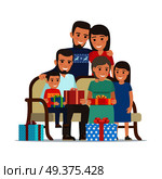 Family gathered together and holding present boxes. Vector illustration of children with grandmother and uncle sitting on sofa with gifts and mother with father behind. Holiday present concept. Family Gathered Together Holding Present Boxes. Стоковая иллюстрация, агентство Ingram Publishing / Фотобанк Лори