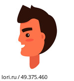 Brown-haired man s face with pink cheeks from side view isolated icon on white background. Cartoon young male character smiles with teeth. Modern man hairstyle example vector illustration.. Male Character Face from Sideview Illustration. Стоковая иллюстрация, агентство Ingram Publishing / Фотобанк Лори