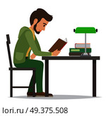 Young man reading textbook in library. Student seating at the table with open book in hands flat vector isolated on white background. Enthusiastic reader illustration for educational and hobby concept. Student Reading Textbook in Library Flat Vector . Стоковая иллюстрация, агентство Ingram Publishing / Фотобанк Лори