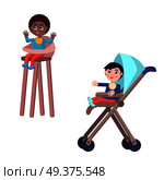 Cute toddlers in child bibs. Little caucasian boy and african american girl seating in baby carriage and highchair flat vector isolated on white. Happy children illustrations for parenthood concepts. Toddlers In Baby Carriage and Highchair Vectors. Стоковая иллюстрация, агентство Ingram Publishing / Фотобанк Лори