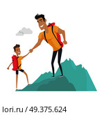 Daddy and son go camping. Sport activities in the mountains. Role model, greatest mentor. Part of series of fathers day celebration banners. Honoring dads. Fatherhood concept, paternal bonds. Vector. Daddy and Son Go Camping. Sport Activities. Стоковая иллюстрация, агентство Ingram Publishing / Фотобанк Лори