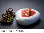 Mediterranean gazpacho tomato soup with seafood and codium salad. Стоковое фото, агентство Ingram Publishing / Фотобанк Лори