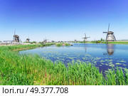 traditional dutch windmills with green grass and blue canal in Kinderdijk at summer day, Netherland. dutch windmill over river waters. Стоковое фото, агентство Ingram Publishing / Фотобанк Лори