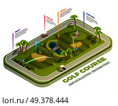 Golf course isometric infographic with teeing ground water hazard sand bunker areas vector illustration. Golf Course Isometric Infographic. Стоковая иллюстрация, агентство Ingram Publishing / Фотобанк Лори