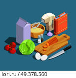 Cooking icons isometric composition with cumbersome products ripe vegetables whipper knife with cutting board and cookbook vector illustration . Cooking Isometric Elements Set. Стоковая иллюстрация, агентство Ingram Publishing / Фотобанк Лори