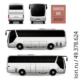 White touristic bus with tinted glass realistic advertising template side view front and rear isolated vector illustration. Touristic Bus Realistic Advertising Template. Стоковая иллюстрация, агентство Ingram Publishing / Фотобанк Лори