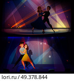 Dancing pair onstage 2 retro cartoon banners with professional performers in spotlights nostalgic poster isolated vector illustration . Dance Banners Set Retro Cartoon . Стоковая иллюстрация, агентство Ingram Publishing / Фотобанк Лори