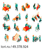 Isometric set of elderly people in different situations and medical staff in nursing home isolated vector illustration. Elderly People Nursing Home Isometric Set. Стоковая иллюстрация, агентство Ingram Publishing / Фотобанк Лори