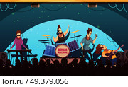 Open air festival rockband live music onstage performance retro cartoon banner with electronic instruments and audience vector illustration . Open Air Festival Rock Band. Стоковая иллюстрация, агентство Ingram Publishing / Фотобанк Лори