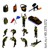 Paintball isometric icons collection with isolated fighter characters in uniform armour helmet shield and other equipment vector illustration. Paintball Isometric Elements Set. Стоковая иллюстрация, агентство Ingram Publishing / Фотобанк Лори