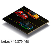 Street racing drift isometric composition of three fast racing cars with different decals on race course vector illustration. Race Track Cars Composition. Стоковая иллюстрация, агентство Ingram Publishing / Фотобанк Лори