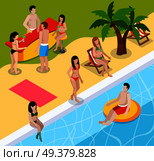 Colored pool rest isometric composition with people swim in pool at aqua park vector illustration. Pool Rest Isometric Composition. Стоковая иллюстрация, агентство Ingram Publishing / Фотобанк Лори