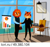 Business animals poster with cat and tiger shake hands after the concluded deal vector illustration. Business Animals Poster. Стоковая иллюстрация, агентство Ingram Publishing / Фотобанк Лори