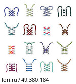 Shoe lacing methods 16 icons set with straight bar inside- out and criss-cross versions isolated vector illustration . Shoe Lacing Versions Icons Set . Стоковая иллюстрация, агентство Ingram Publishing / Фотобанк Лори