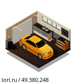 Yellow car in autoservice garage facility ready for test and tires fixing isometric interior view vector illustration . Car Maintenance Service Isometric Interior . Стоковая иллюстрация, агентство Ingram Publishing / Фотобанк Лори