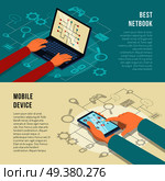 Internet of things horizontal banners with hands working at mobile device including netbook isolated vector illustration. Internet Of Things Horizontal Banners. Стоковая иллюстрация, агентство Ingram Publishing / Фотобанк Лори