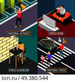 Stress people isometric concept with eating during depression, emotional outburst, alcohol abuse isolated vector illustration. Stress People Isometric Concept. Стоковая иллюстрация, агентство Ingram Publishing / Фотобанк Лори