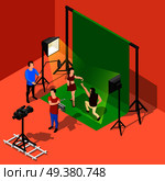 Isometric film set background with studio stage booth chroma key actors and shooting crew human characters vector illustration. Chromakey Shooting Isometric Composition. Стоковая иллюстрация, агентство Ingram Publishing / Фотобанк Лори