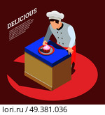 Professional cooking people chef pizzaiolo isometric people composition with faceless character of pastryman and editable text vector illustration. Delicious Food Maker Background. Стоковая иллюстрация, агентство Ingram Publishing / Фотобанк Лори