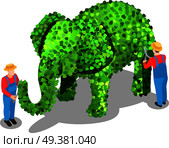 Gardener isometric composition of uniformed human characters tipping elephant shaped bush with shadows on blank background vector illustration. Creative Gardening Isometric Composition. Стоковая иллюстрация, агентство Ingram Publishing / Фотобанк Лори