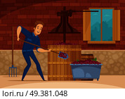 Winery red wine production process with winemaker  pressing grapes for fermentation cartoon composition poster vector illustration . Winery Grapes Crushing Cartoon Poster. Стоковая иллюстрация, агентство Ingram Publishing / Фотобанк Лори