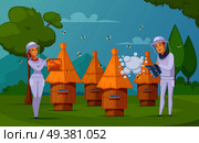 Bee farm apiary honey harvesting cartoon composition poster with beekeepers using smoker and holding honeycombs vector illustration . Bee Farm Honey Collecting cartoon . Стоковая иллюстрация, агентство Ingram Publishing / Фотобанк Лори