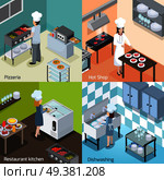 Commercial pizzeria and restaurant kitchen interior  equipment appliances 4 isometric icons square with dishwashing facility isolated vector illustration . Professional Kitchen 4 Isometric Icons. Стоковая иллюстрация, агентство Ingram Publishing / Фотобанк Лори