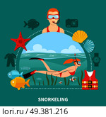 Snorkeling composition with woman swimming with mask, tube and fins between seaweeds on turquoise background vector illustration. Snorkeling Composition On Turquoise Background. Стоковая иллюстрация, агентство Ingram Publishing / Фотобанк Лори