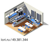 Fast food self service restaurant isometric interior composition with refectory equipment tables with chairs and furniture vector illustration. Eating House Isometric Composition. Стоковая иллюстрация, агентство Ingram Publishing / Фотобанк Лори