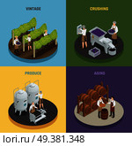 Wine production 2x2 design concept with vintage crushing produce and aging square compositions isometric vector illustration. Wine Production 2x2 Design Concept. Стоковая иллюстрация, агентство Ingram Publishing / Фотобанк Лори