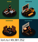 Craftsman professions 2x2 design concept with potter shoemaker carpenter blacksmith square icons isometric vector illustration. Craftsman Professions 2x2 Design Concept. Стоковая иллюстрация, агентство Ingram Publishing / Фотобанк Лори
