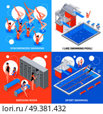 Isometric swimming pool design concept with four compositions of different water sport competitions and dressing room vector illustration. Swimming Pool Design Concept. Стоковая иллюстрация, агентство Ingram Publishing / Фотобанк Лори