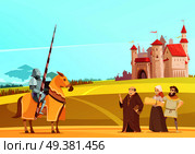 Medieval life scene with horseman in full body armor suit and castle on background cartoon vector illustration . Medieval Life Scene Cartoon Poster . Стоковая иллюстрация, агентство Ingram Publishing / Фотобанк Лори