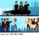 Political election campaign canvassing 2 horizontal cartoon banners with candidates and volunteers communicating with people isolated vector illustration . Politics Election Campaigning Horizontal Banners . Стоковая иллюстрация, агентство Ingram Publishing / Фотобанк Лори