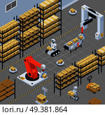 Automatic logistics solutions in warehouse facility isometric background with robotic arm gripping and placing packages vector illustration . Automatic Logistics  Delivery Isometric Background. Стоковая иллюстрация, агентство Ingram Publishing / Фотобанк Лори