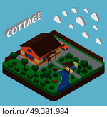 Isometric house composition with 3d text and images of clouds cottage with fenced adjacent territory vector illustration. Country Estate Isometric Composition. Стоковая иллюстрация, агентство Ingram Publishing / Фотобанк Лори