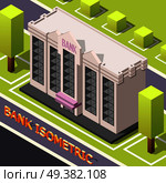 Isometric accounting background with urban street scenery cubic trees and bank head office building with text vector illustration. Bank Headquarters Isometric Background. Стоковая иллюстрация, агентство Ingram Publishing / Фотобанк Лори