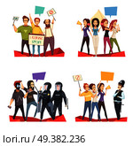 Protesting crowd 2x2 design concept with police officers and young people shouting their requirements cartoon vector illustration . Protesting Crowd 2x2 Design Concept. Стоковая иллюстрация, агентство Ingram Publishing / Фотобанк Лори
