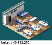 Fast food service restaurant isometric interior with tables chairs and robotic waiters chasing food on platters vector illustration. Fastfood Restaurant Isometric Composition. Стоковая иллюстрация, агентство Ingram Publishing / Фотобанк Лори