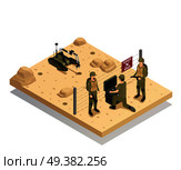 Fighting robots design concept with military experts involved in demining of dangerous area via sapper machine isometric vector illustration    . Robots Sapper Isometric Composition. Стоковая иллюстрация, агентство Ingram Publishing / Фотобанк Лори