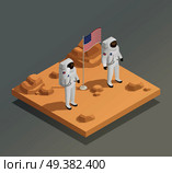 American space exploration mission isometric composition with astronauts in spacesuits on planet surface with flag vector illustration . American Astronauts Isometric Composition. Стоковая иллюстрация, агентство Ingram Publishing / Фотобанк Лори