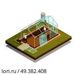Greenhouse cable-supported facility construction process isometric composition with 2 workers installing glass panels vector illustration. Greenhouse Facility Construction Isometric Composition . Стоковая иллюстрация, агентство Ingram Publishing / Фотобанк Лори