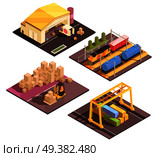 Isometric logistic design concept with set of four isolated sort facilitiy buildings appropriate for different transportation modes vector illustration. Logistic Sort Facilities Set. Стоковая иллюстрация, агентство Ingram Publishing / Фотобанк Лори