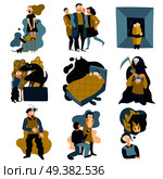 Human fears panic anxiety flat icons collection with spider nightmare claustrophobia death crowded space isolated vector illustration  . Human Fears Flat Icons Set . Стоковая иллюстрация, агентство Ingram Publishing / Фотобанк Лори